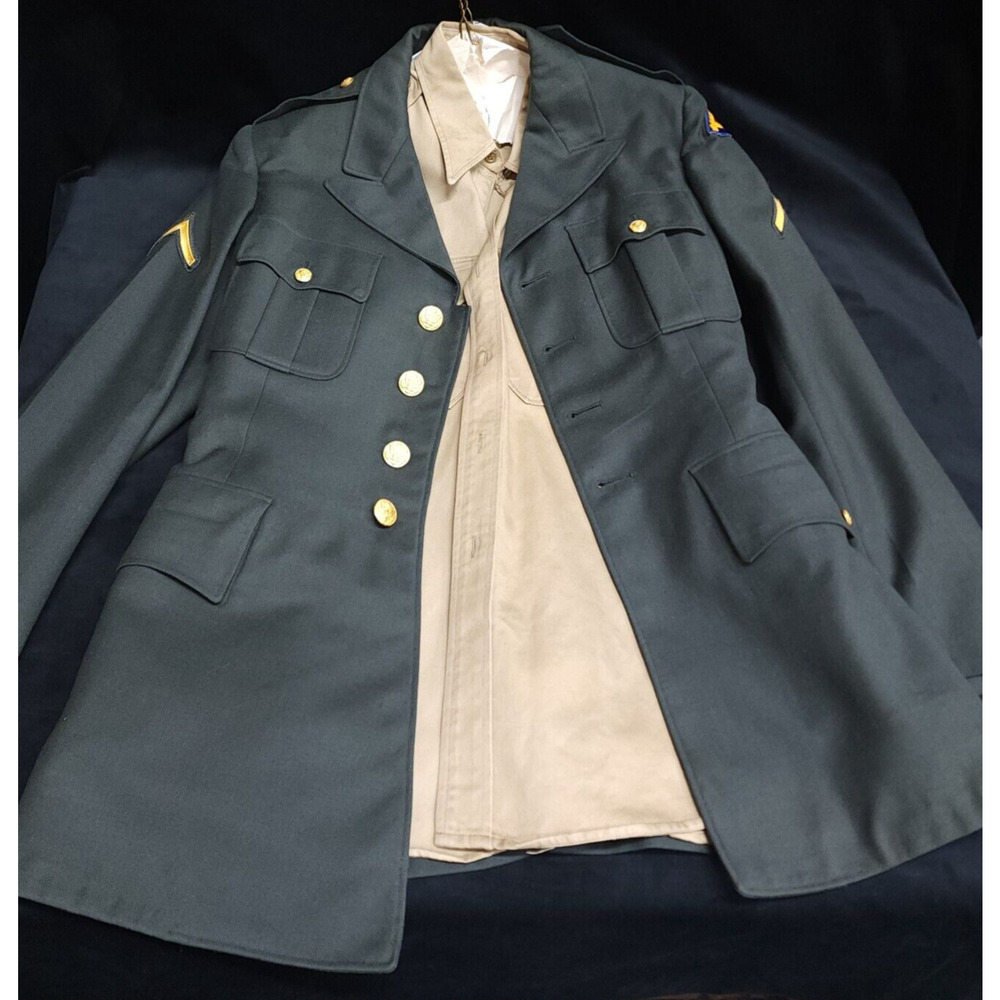 Vintage Military US Army Dress Green Jacket Uniform Dress Coat w/ Patches 37L